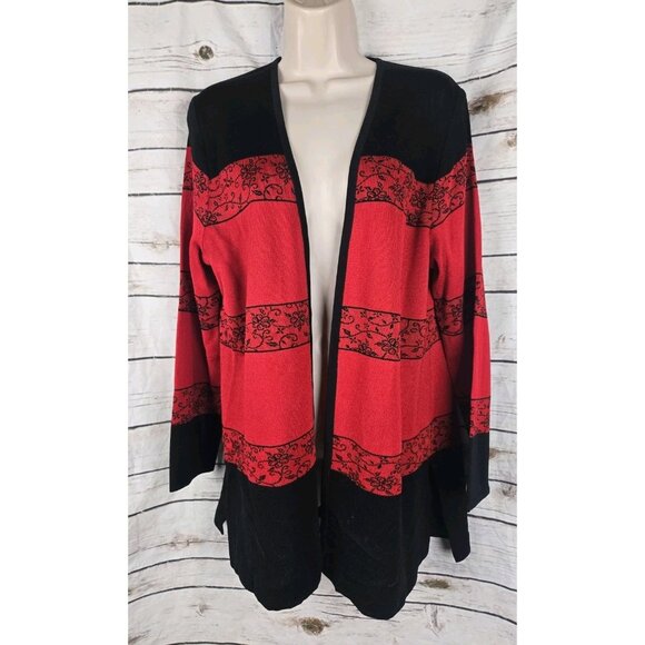 Exclusively Misook Red Floral Jacket Cardigan L Womens Open Long Sleeves - Picture 1 of 6